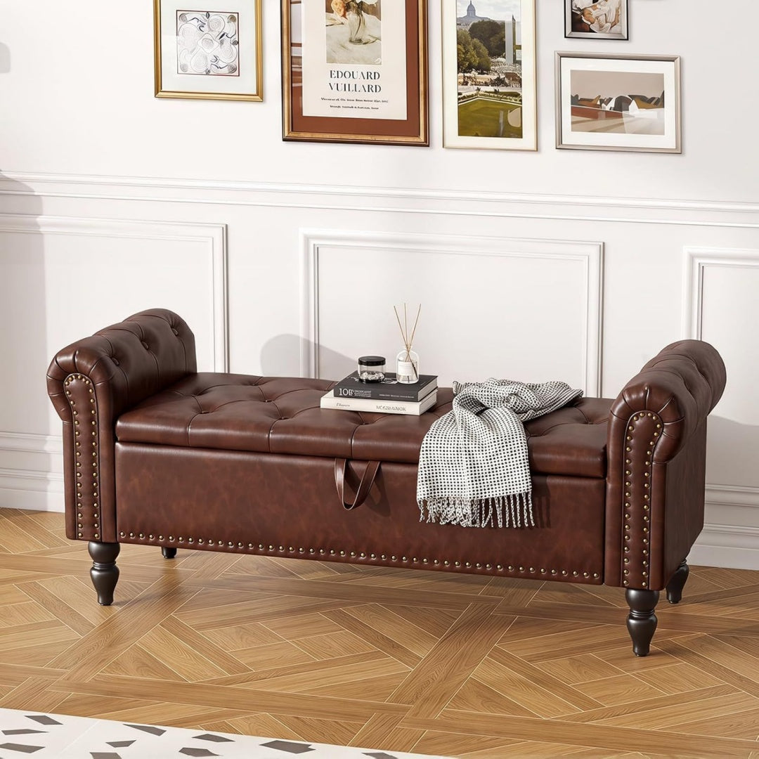 Pouf da soggiorno con vano contenitore con poggiapiedi marrone