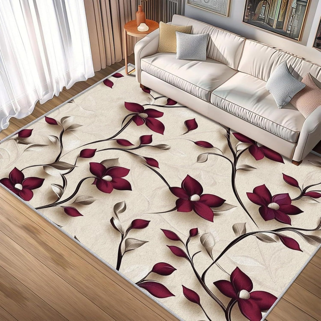Tappeti di zona Tappeti floreali bordeaux camera letto, beige